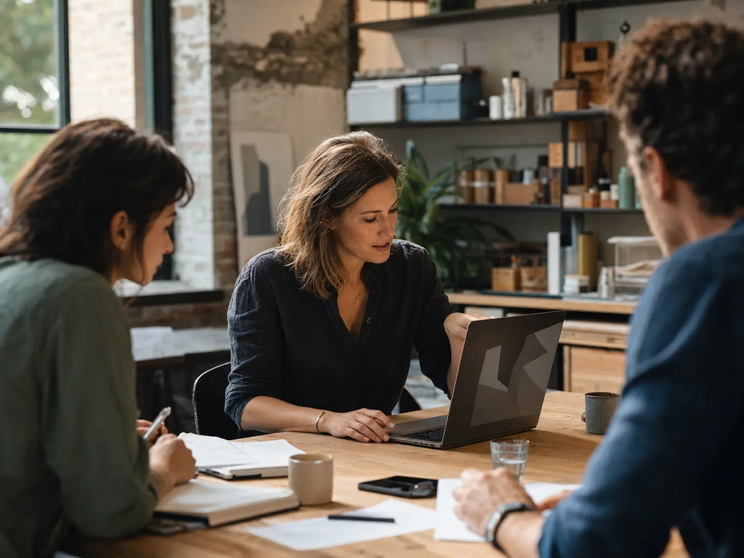 A small-business owner leads a planning session with two colleagues around a laptop.